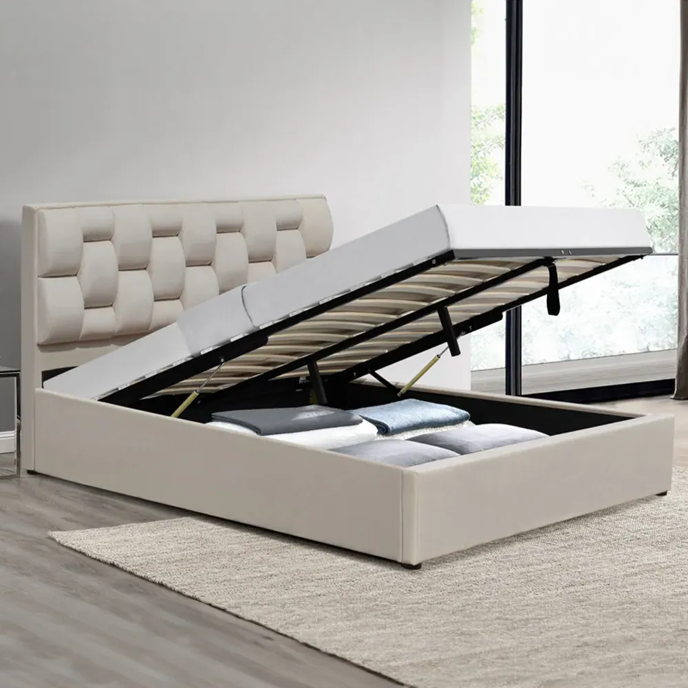 Brooklyn King Size Ottoman Bed with Storage - Cream, Velvet