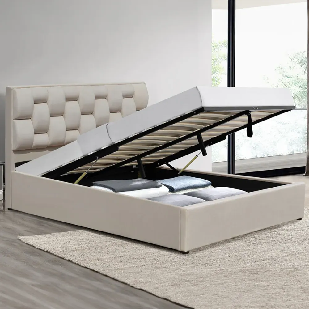 Brooklyn King Size Ottoman Bed with Storage - Cream, Velvet