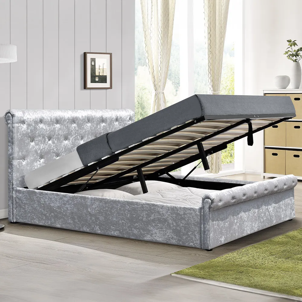 Brooklyn King Size Ottoman Bed with Storage - Silver, Velvet
