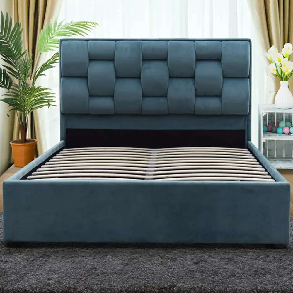 Brooklyn King Size Storage Ottoman Bed - Blue, Velvet