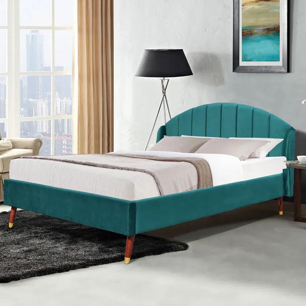 Brooklyn King Size Winged Bed Frame - Green, Velvet