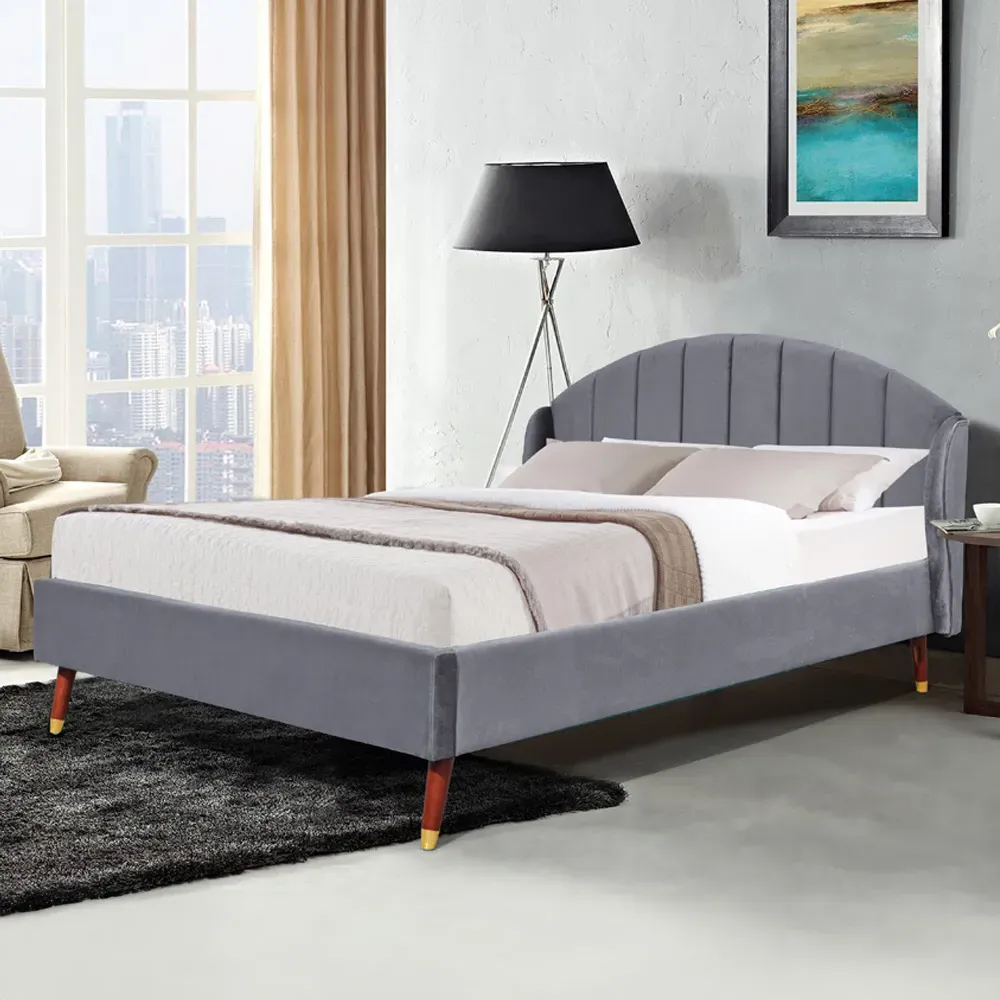Brooklyn King Size Winged Bed Frame - Grey, Velvet