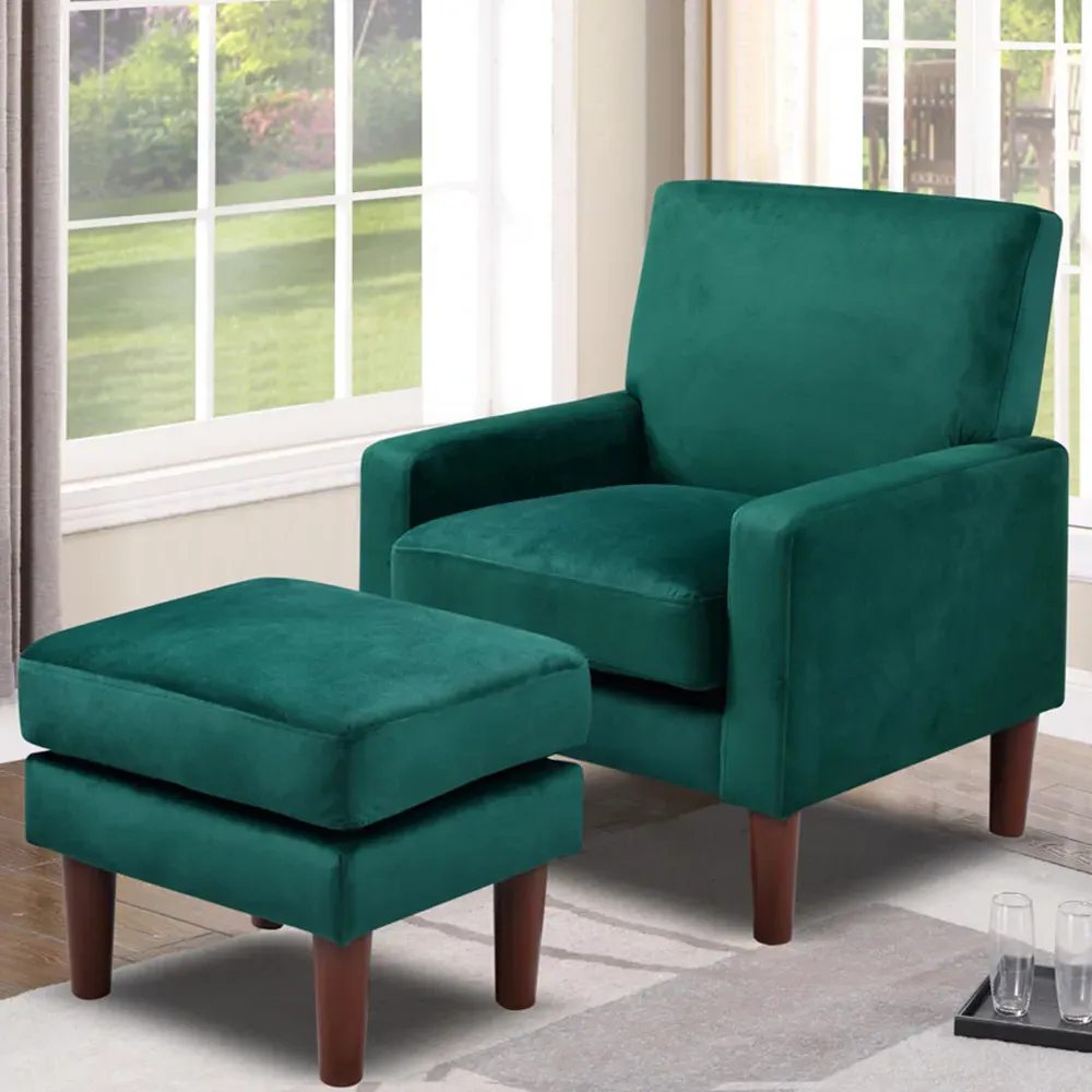 Brooklyn Plush Armchair with Footstool - Green, Velvet