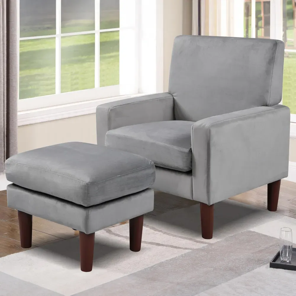 Brooklyn Plush Armchair with Footstool - Grey, Velvet