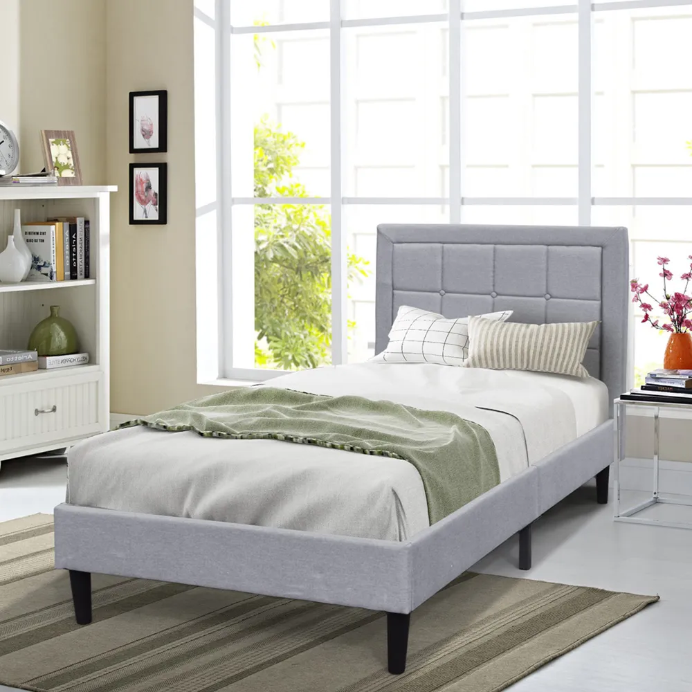 Brooklyn Single Bed Frame with Buttoned Headboard - Light Grey