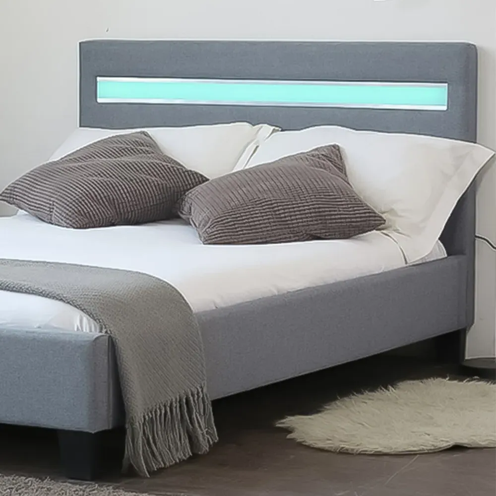 Brooklyn Single Bed Frame with LED - Light Grey, Fabric