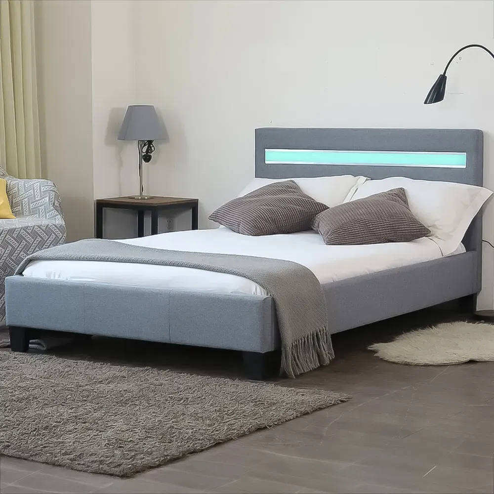 Brooklyn Single Bed Frame with LED - Light Grey, Fabric
