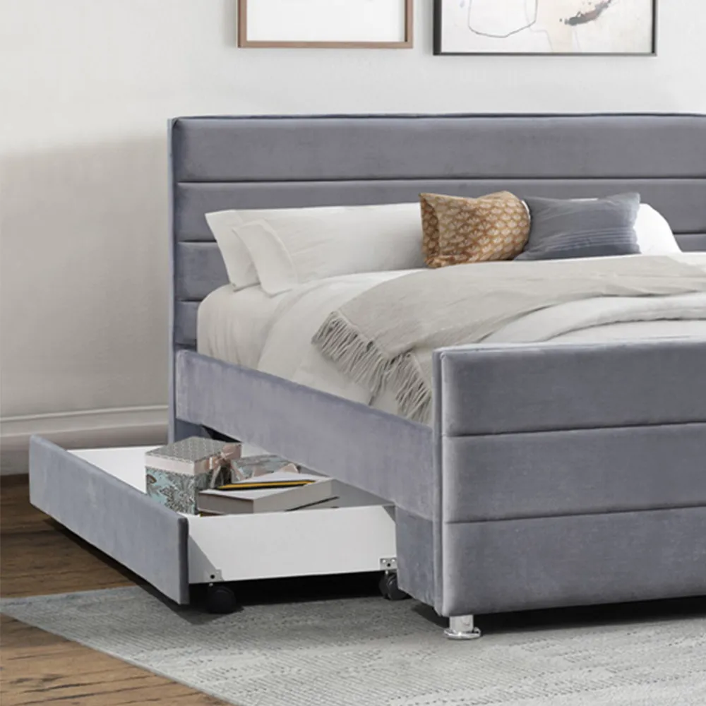 Brooklyn Single Bed Frame with Storage - Grey, Velvet