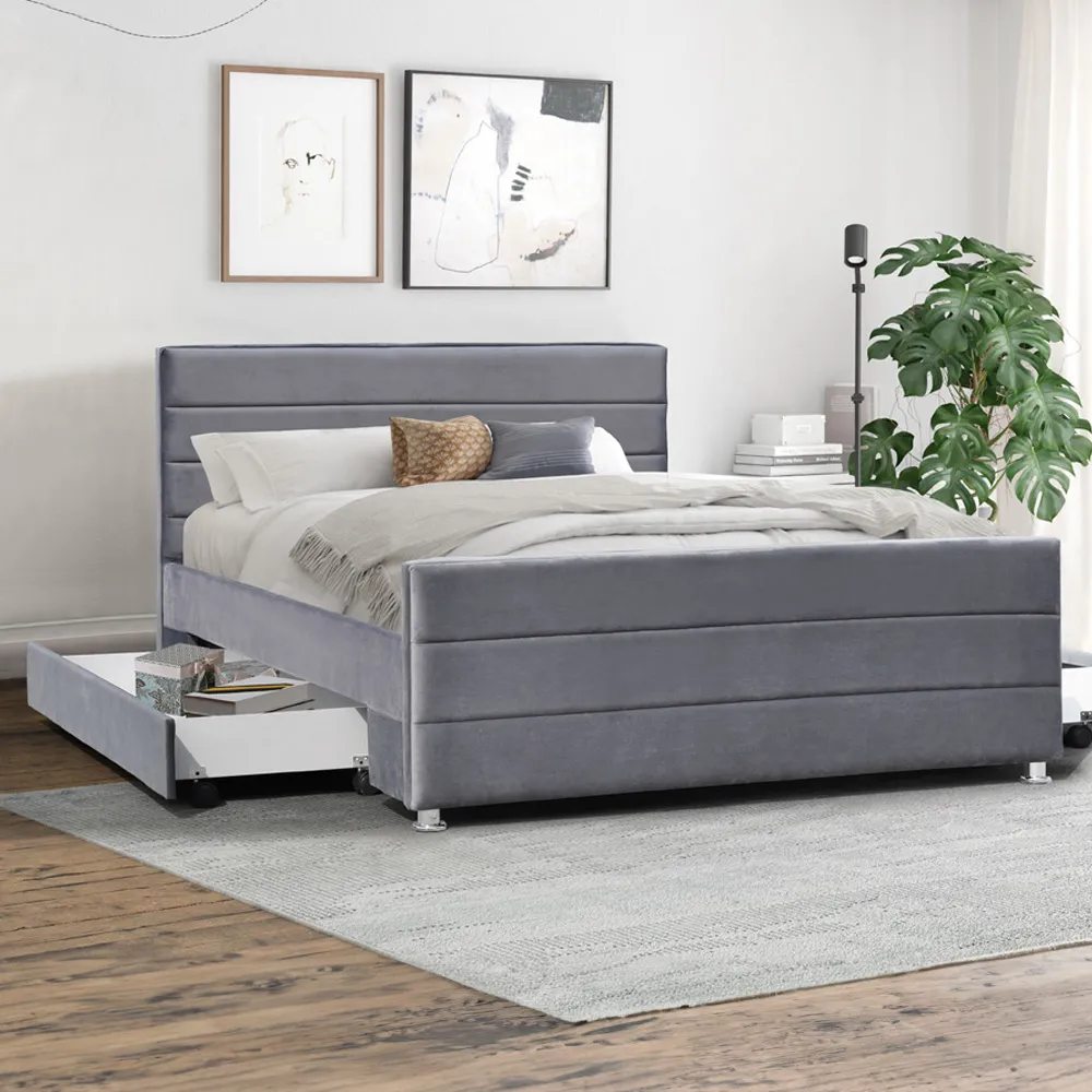 Brooklyn Single Bed Frame with Storage - Grey, Velvet image