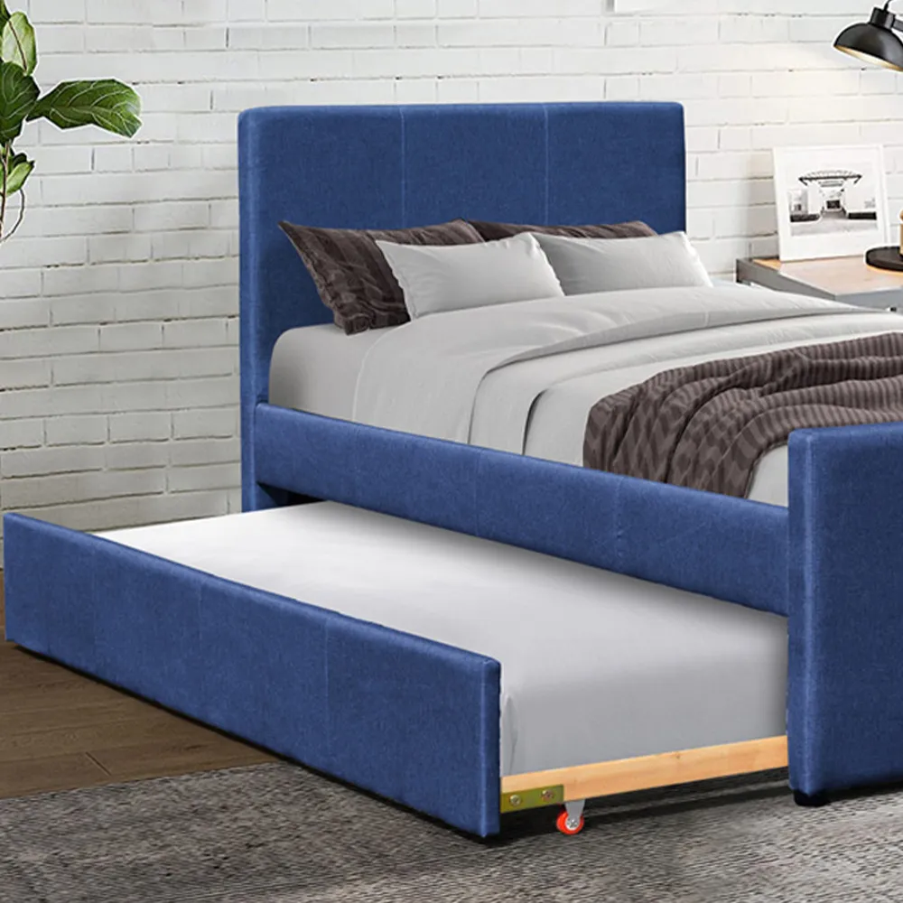 Brooklyn Single Bed Frame with Trundle - Blue, Fabric