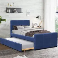 Brooklyn Single Bed Frame with Trundle - Blue, Fabric
