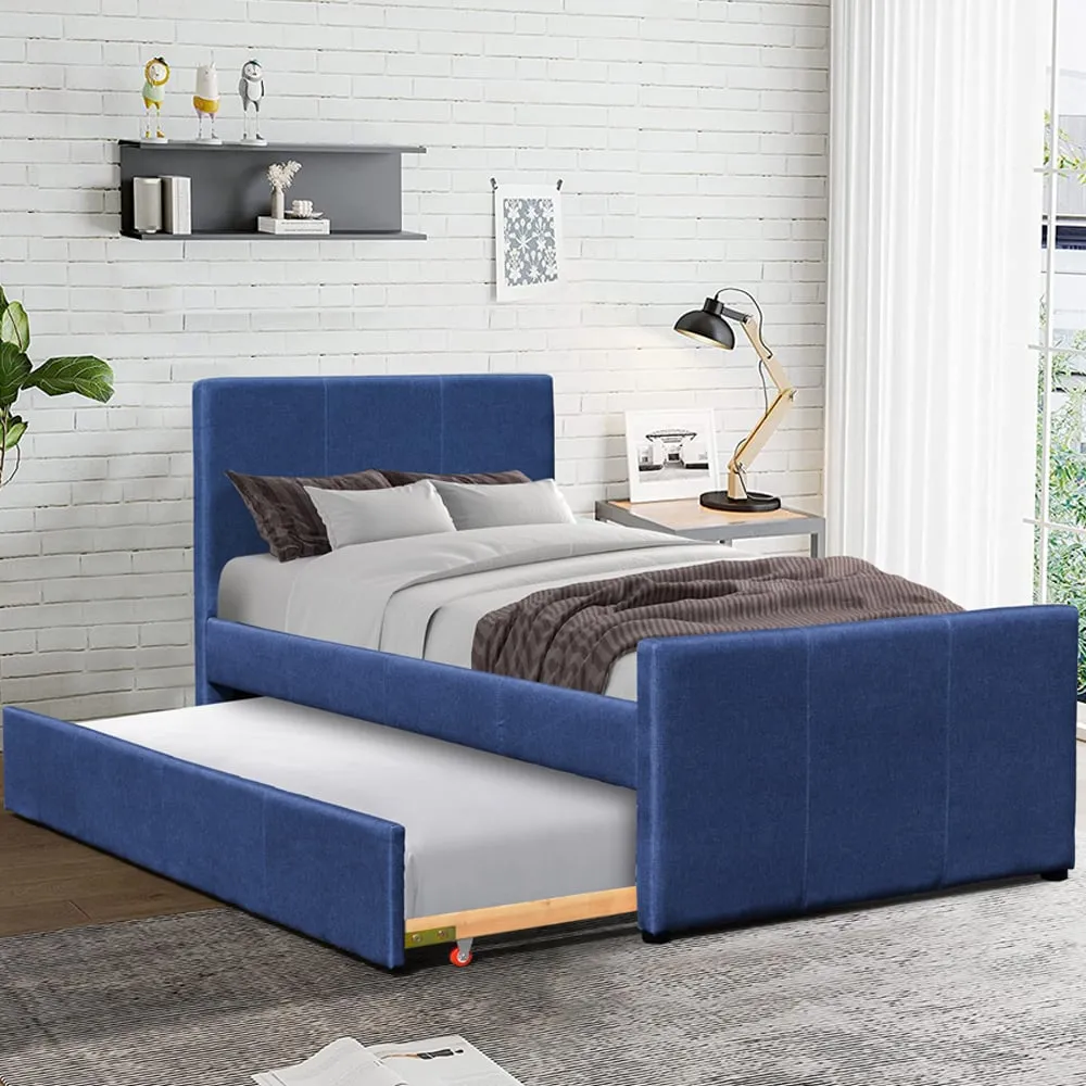 Brooklyn Single Bed Frame with Trundle - Blue, Fabric image