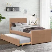 Brooklyn Single Bed Frame with Trundle - Brown, Fabric