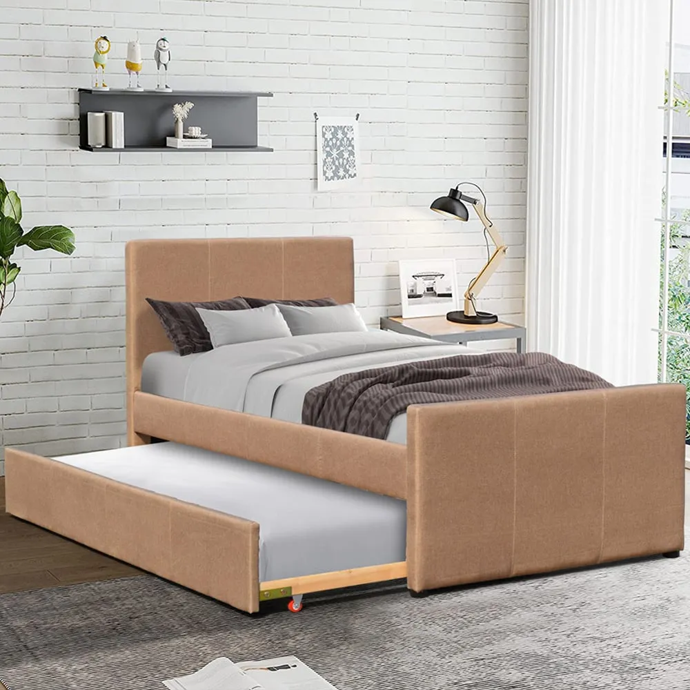 Brooklyn Single Bed Frame with Trundle - Brown, Fabric