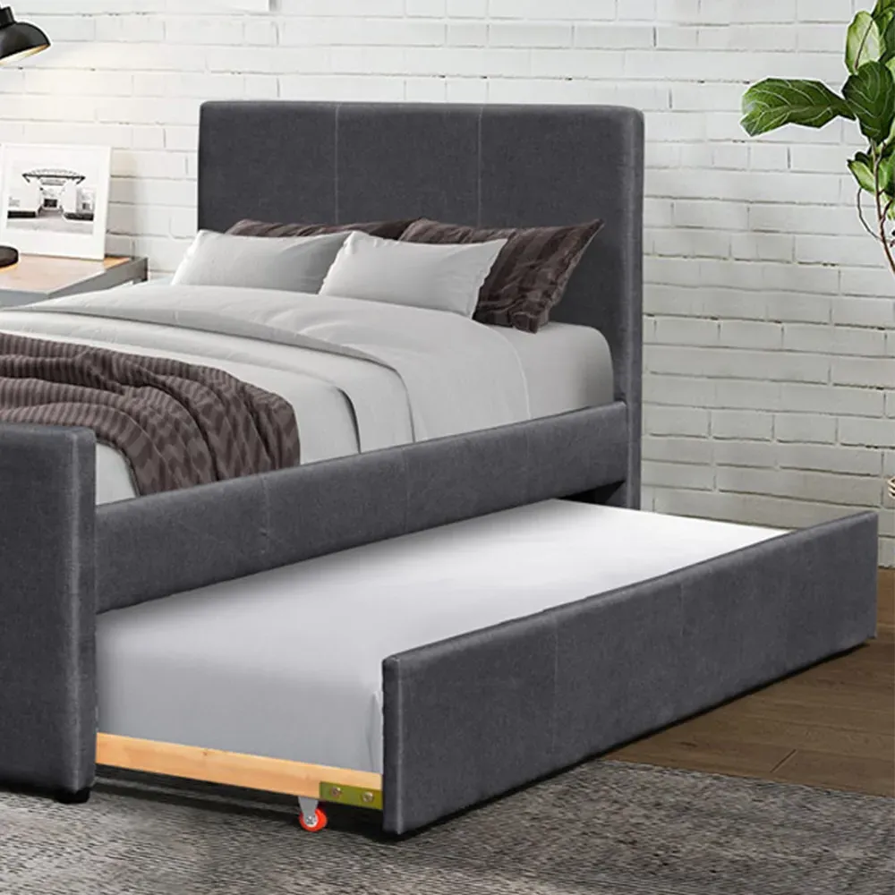Brooklyn Single Bed Frame with Trundle - Grey, Fabric
