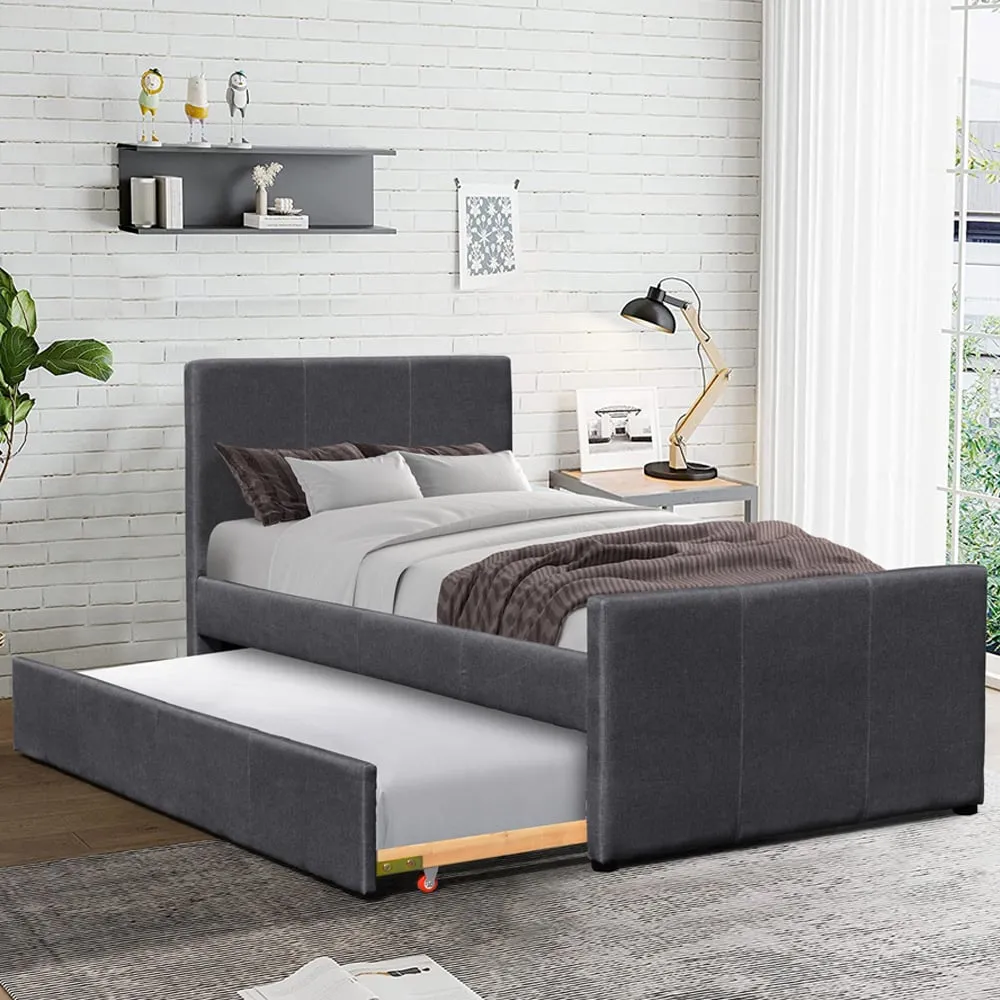 Brooklyn Single Bed Frame with Trundle - Grey, Fabric