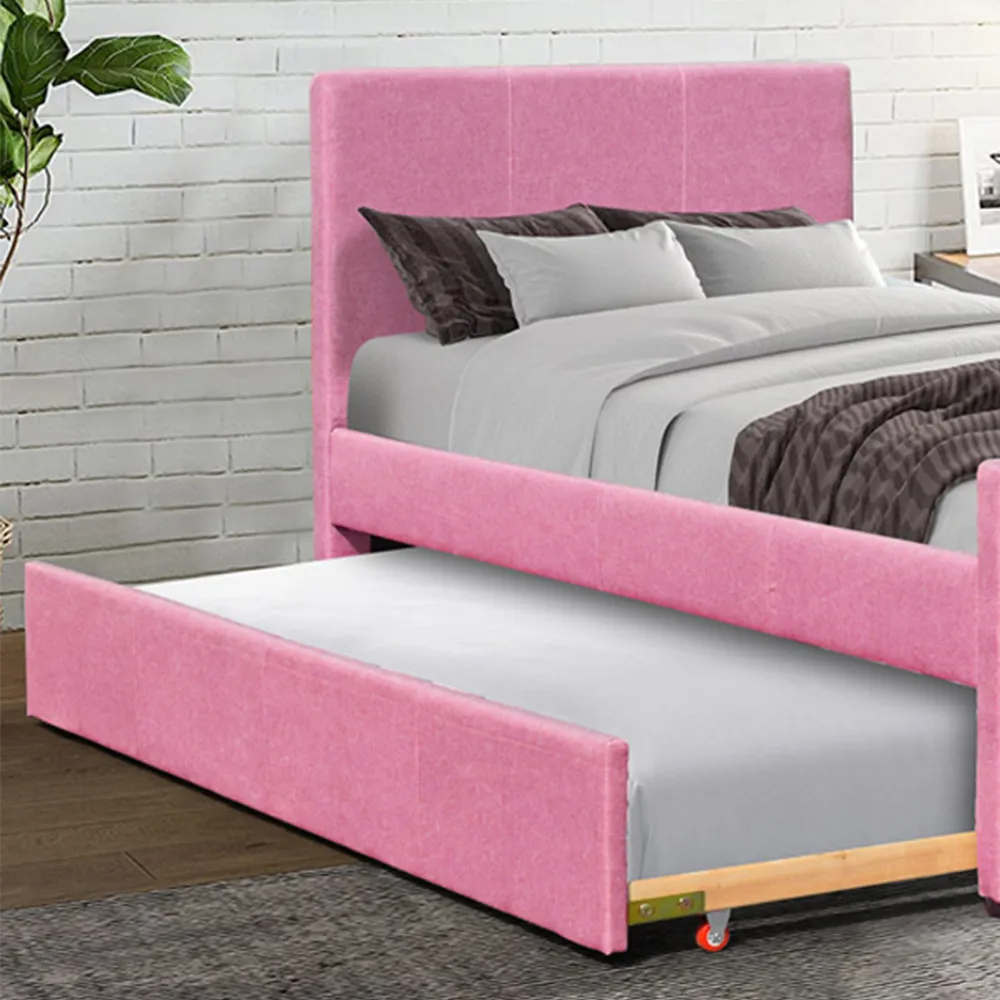 Brooklyn Single Bed Frame with Trundle - Pink, Fabric