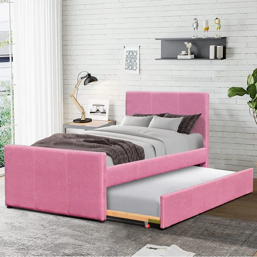 Brooklyn Single Bed Frame with Trundle - Pink, Fabric
