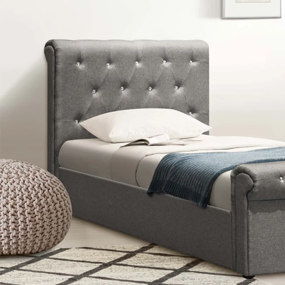 Brooklyn Single Chesterfield Bed Frame with Diamante - Grey, Linen