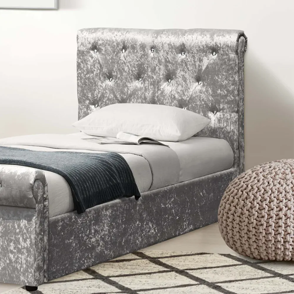 Brooklyn Single Chesterfield Bed Frame with Diamante - Silver, Velvet