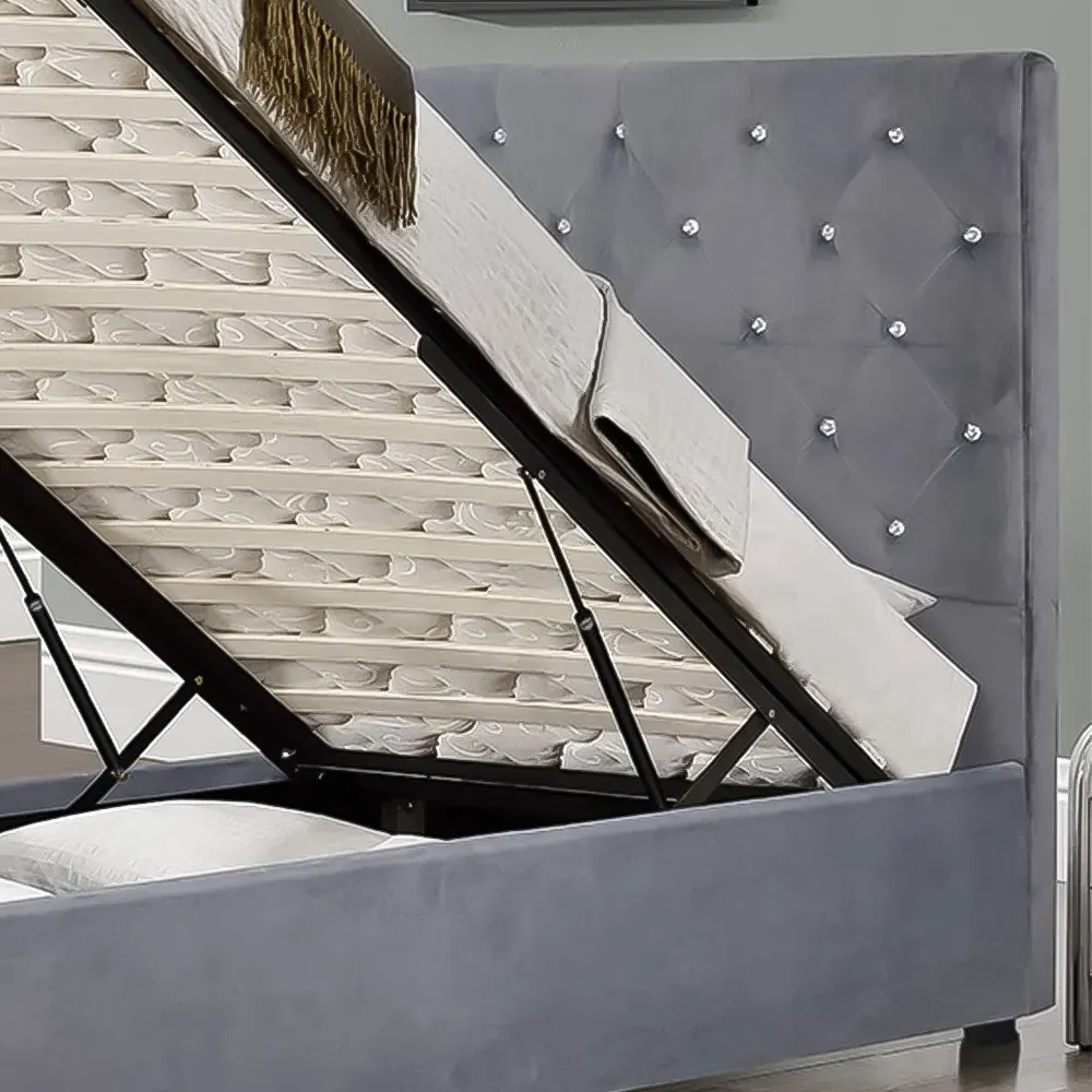 Brooklyn Single Chesterfield Ottoman Bed with Diamante - Grey, Velvet