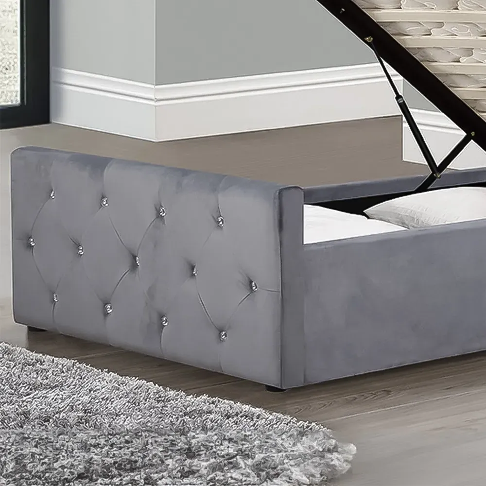 Brooklyn Single Chesterfield Ottoman Bed with Diamante - Grey, Velvet