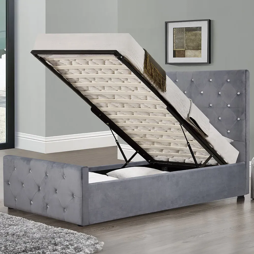 Brooklyn Single Chesterfield Ottoman Bed with Diamante - Grey, Velvet