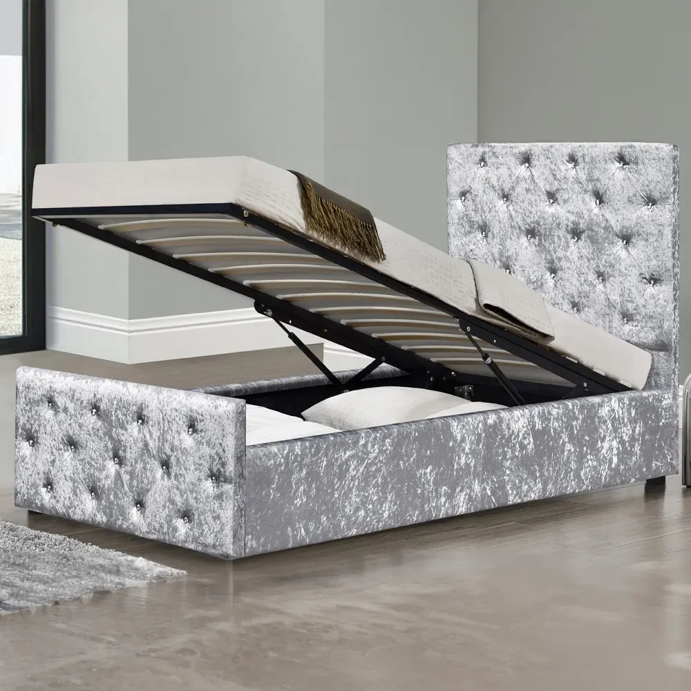 Brooklyn Single Chesterfield Ottoman Bed with Diamante - Silver, Velvet