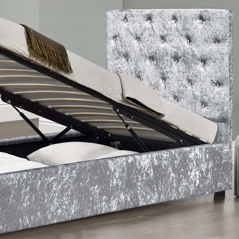 Brooklyn Single Chesterfield Ottoman Bed with Diamante - Silver, Velvet