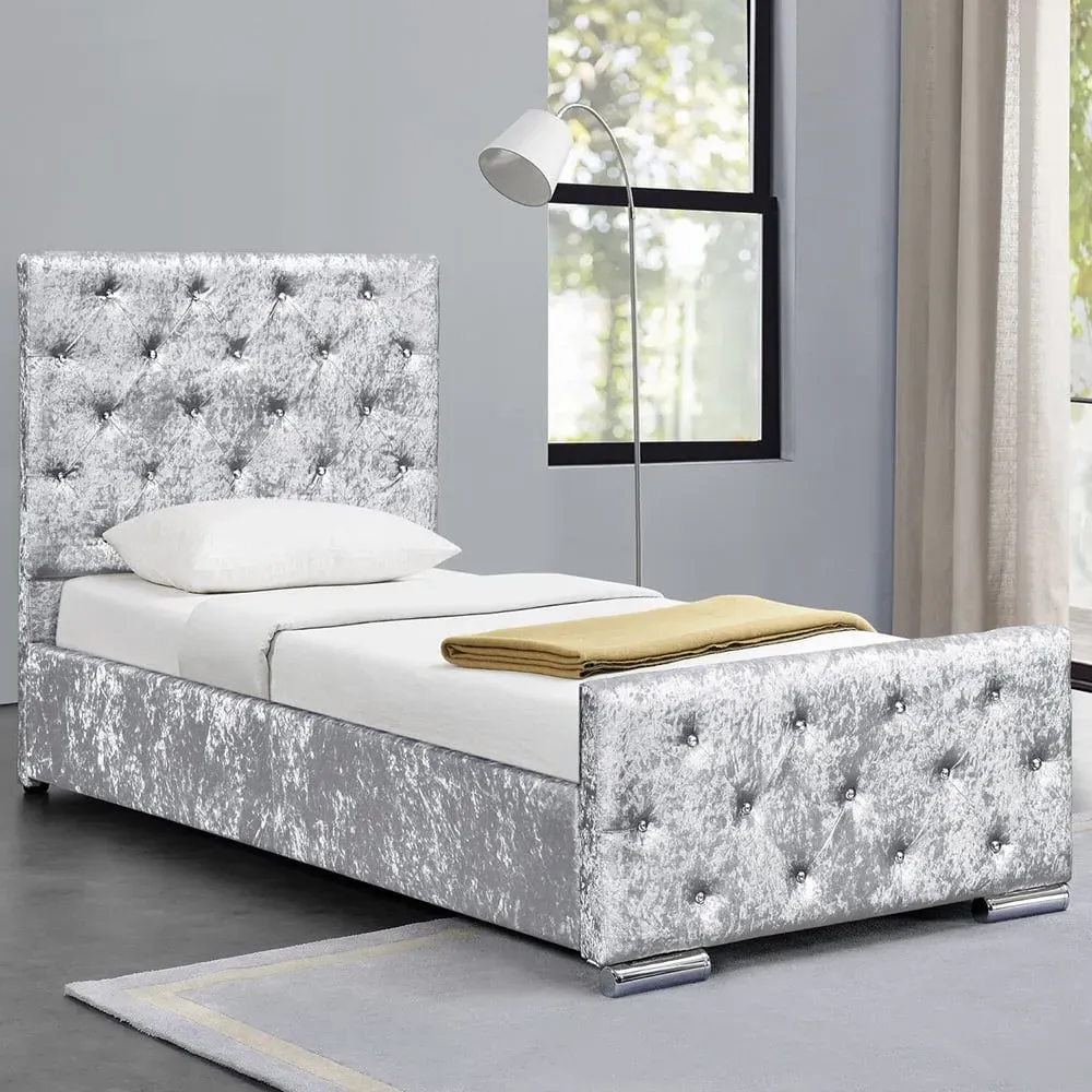 Brooklyn Single Chesterfield Ottoman Bed with Diamante - Silver, Velvet
