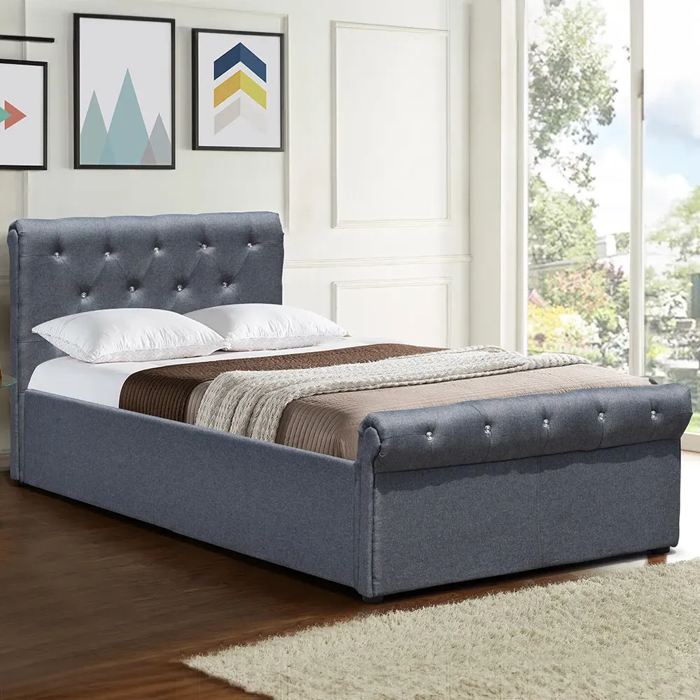 Brooklyn Single Chesterfield Sleigh Bed Frame - Silver, Linen
