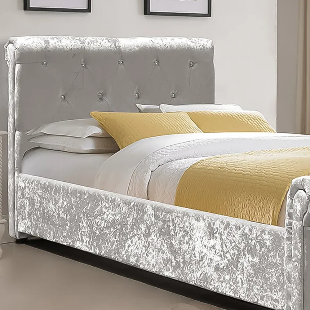 Brooklyn Single Chesterfield Sleigh Bed Frame - Silver, Velvet