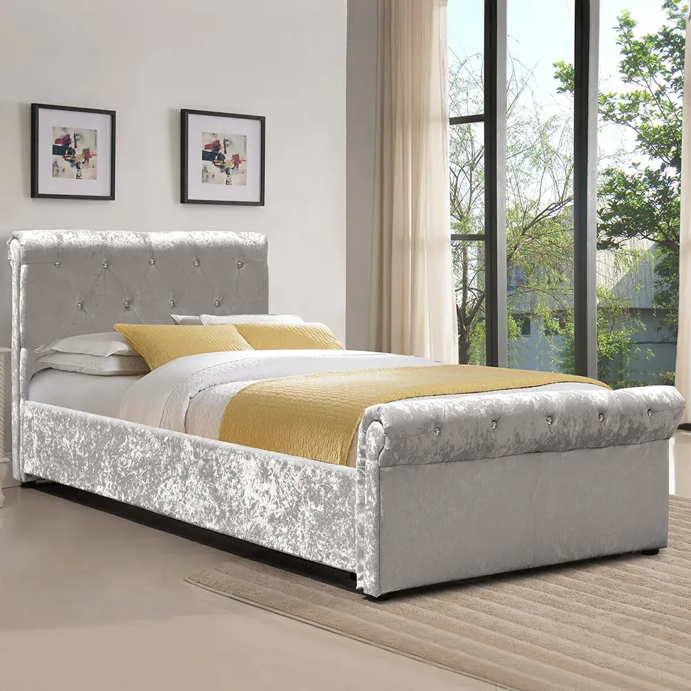 Brooklyn Single Chesterfield Sleigh Bed Frame - Silver, Velvet