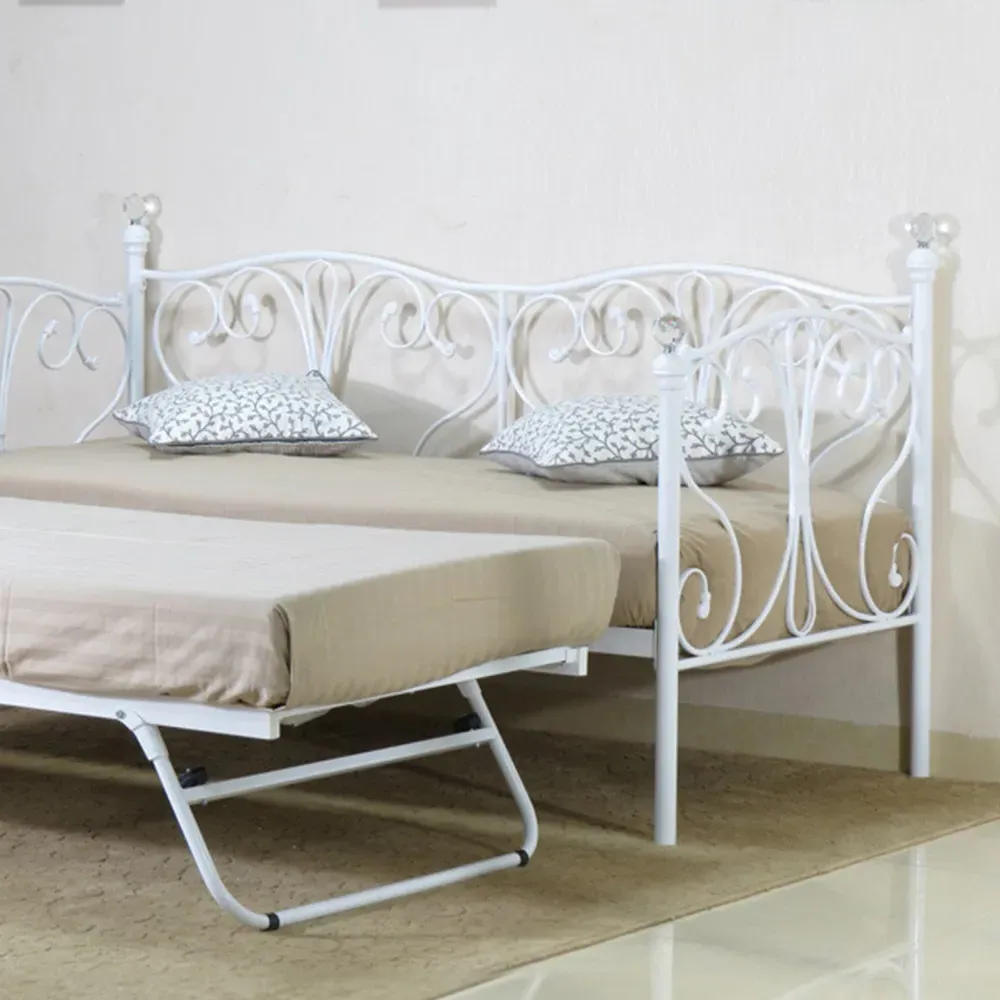 Brooklyn Single Day Bed with Crystal Finials and Trundle - White, Metal