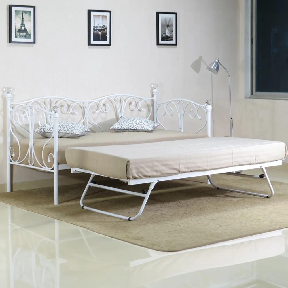 Brooklyn Single Day Bed with Crystal Finials and Trundle - White, Metal