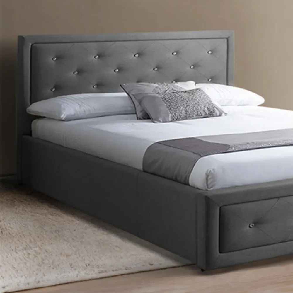Brooklyn Single Ottoman Storage Bed with Diamante - Grey, Fabric