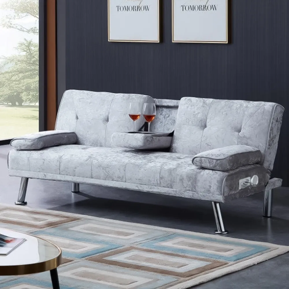 Brooklyn Verona Double Sofa Bed with Bluetooth - Silver, Velvet