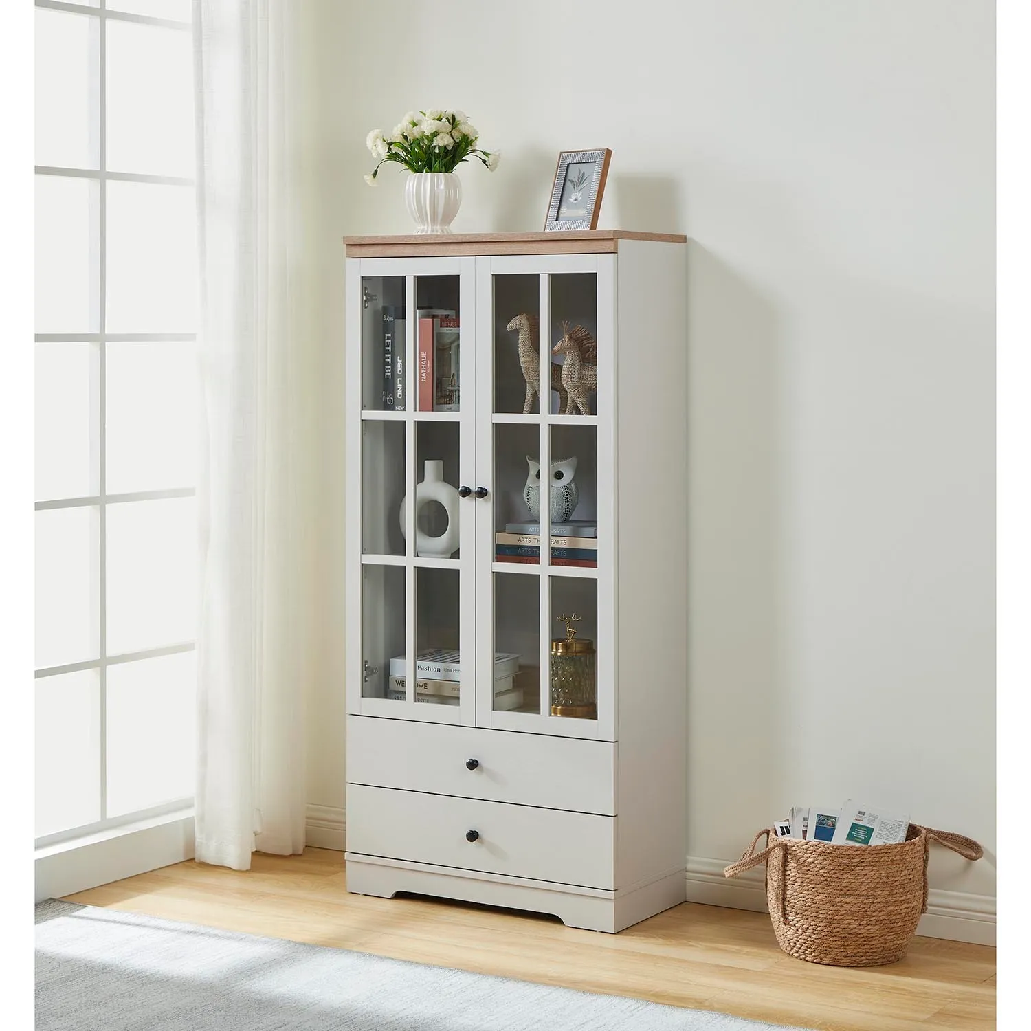 Cambridge 2 Door 2 Drawer Display Cabinet - Grey, Oak Effect