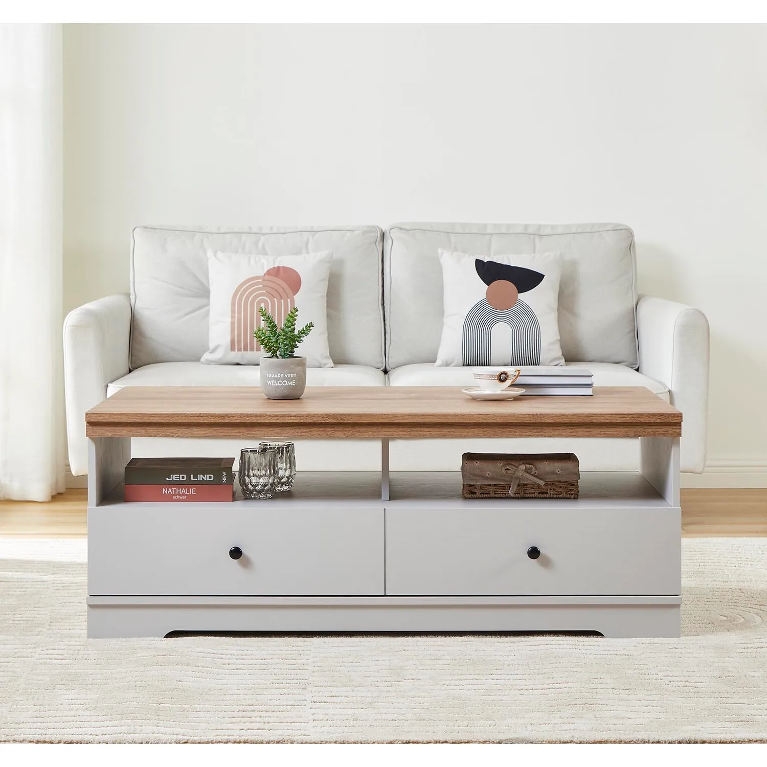 Cambridge 2 Drawer Coffee Table with Storage - Grey, Oak