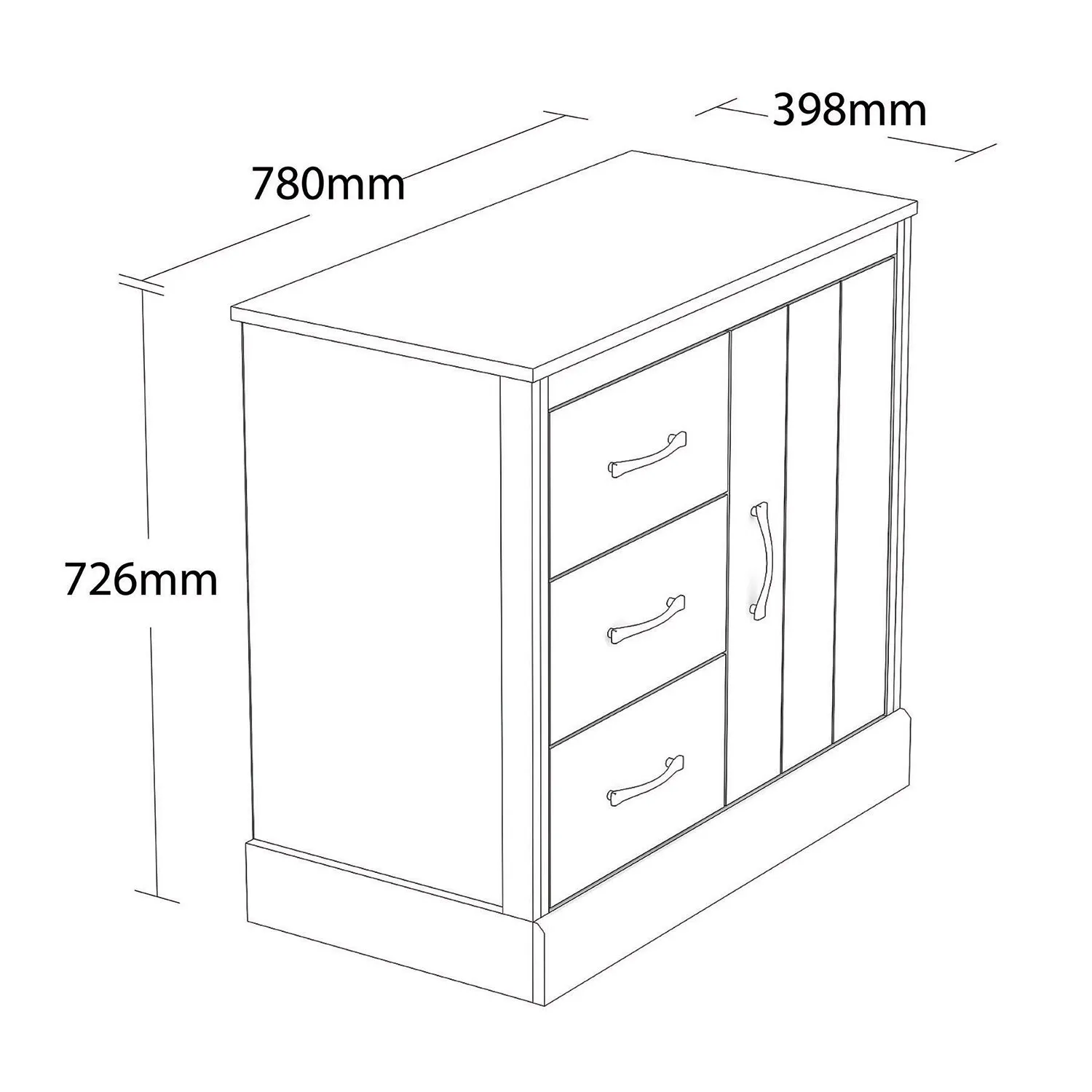 Camford Single Door 3 Drawer Compact Sideboard - Brown