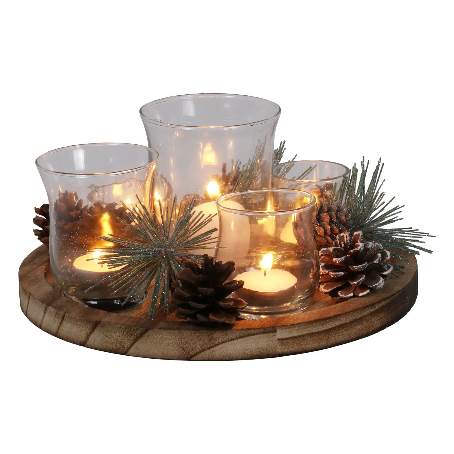 Candle Garden on Wooden Tray with Glass Hurricanes