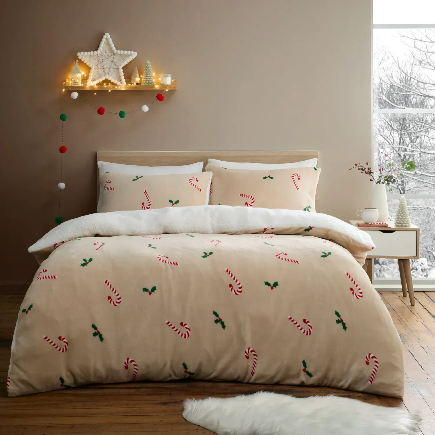 Candy Cane Double Duvet Set - Natural, Fleece
