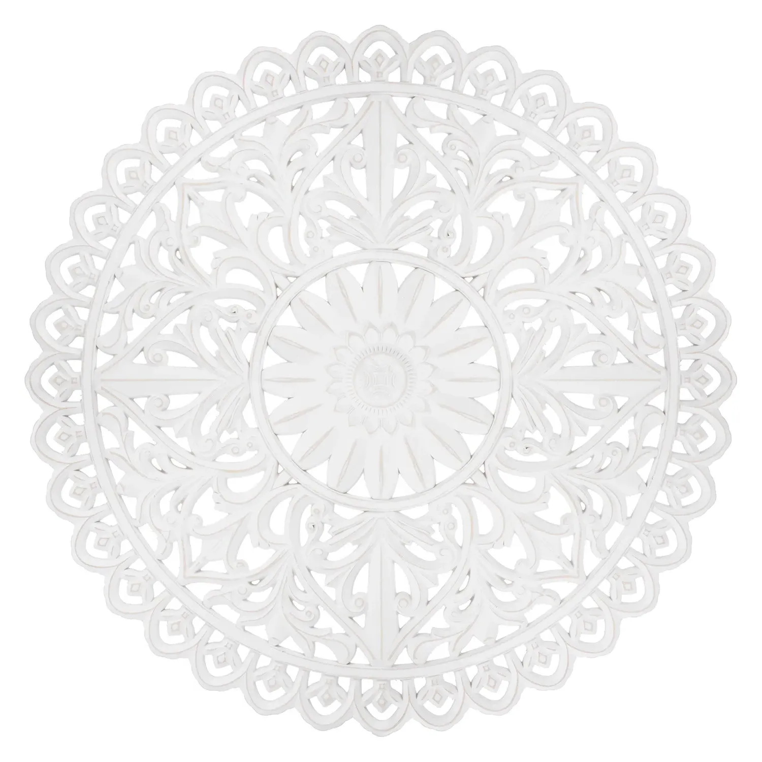 Carved Round Fretwork Wooden Wall Art - White