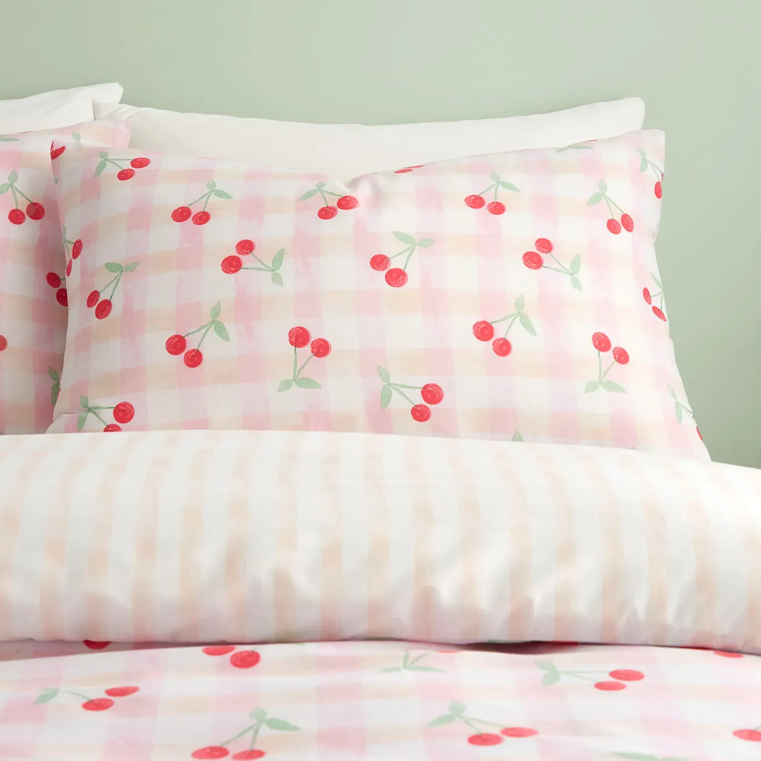 Cherries Gingham King Duvet Set - Pink