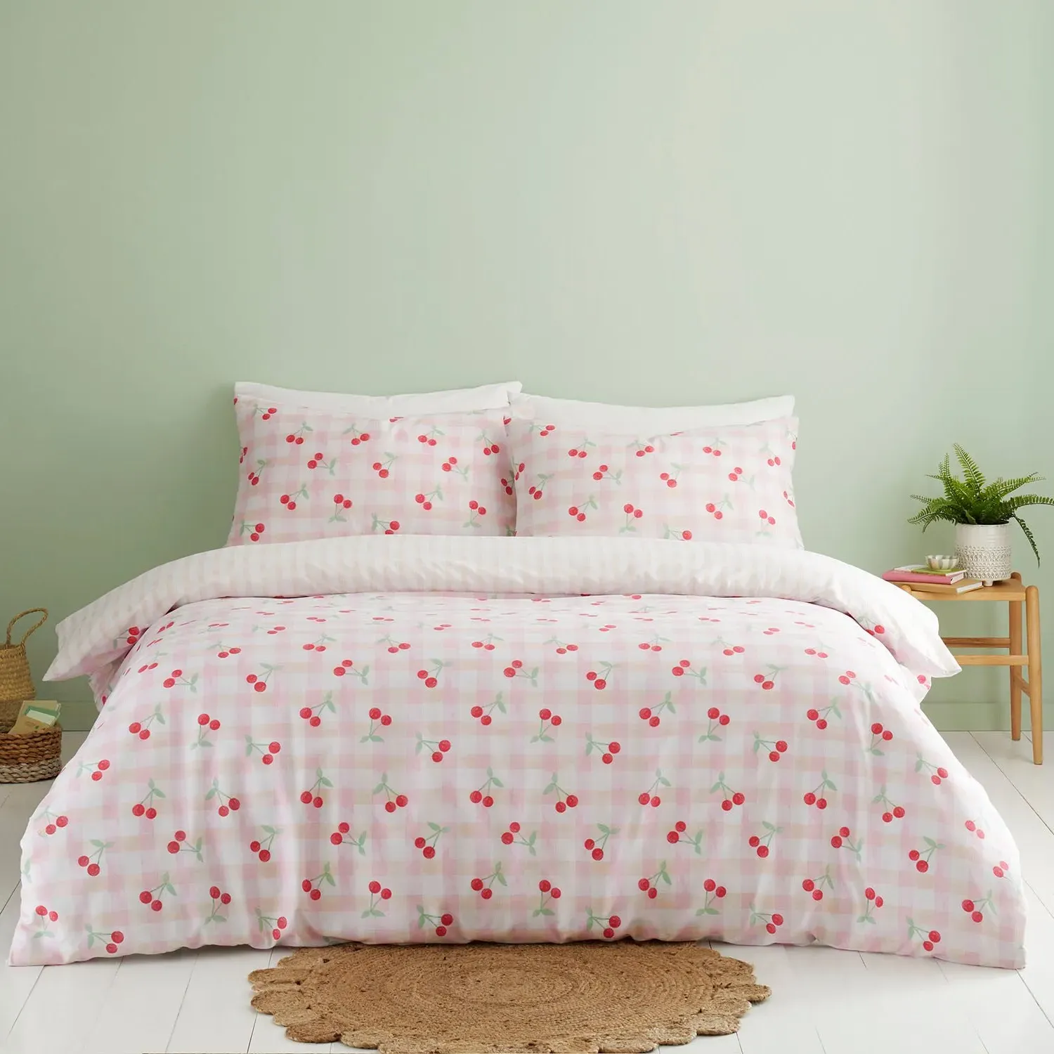 Cherries Gingham King Duvet Set - Pink