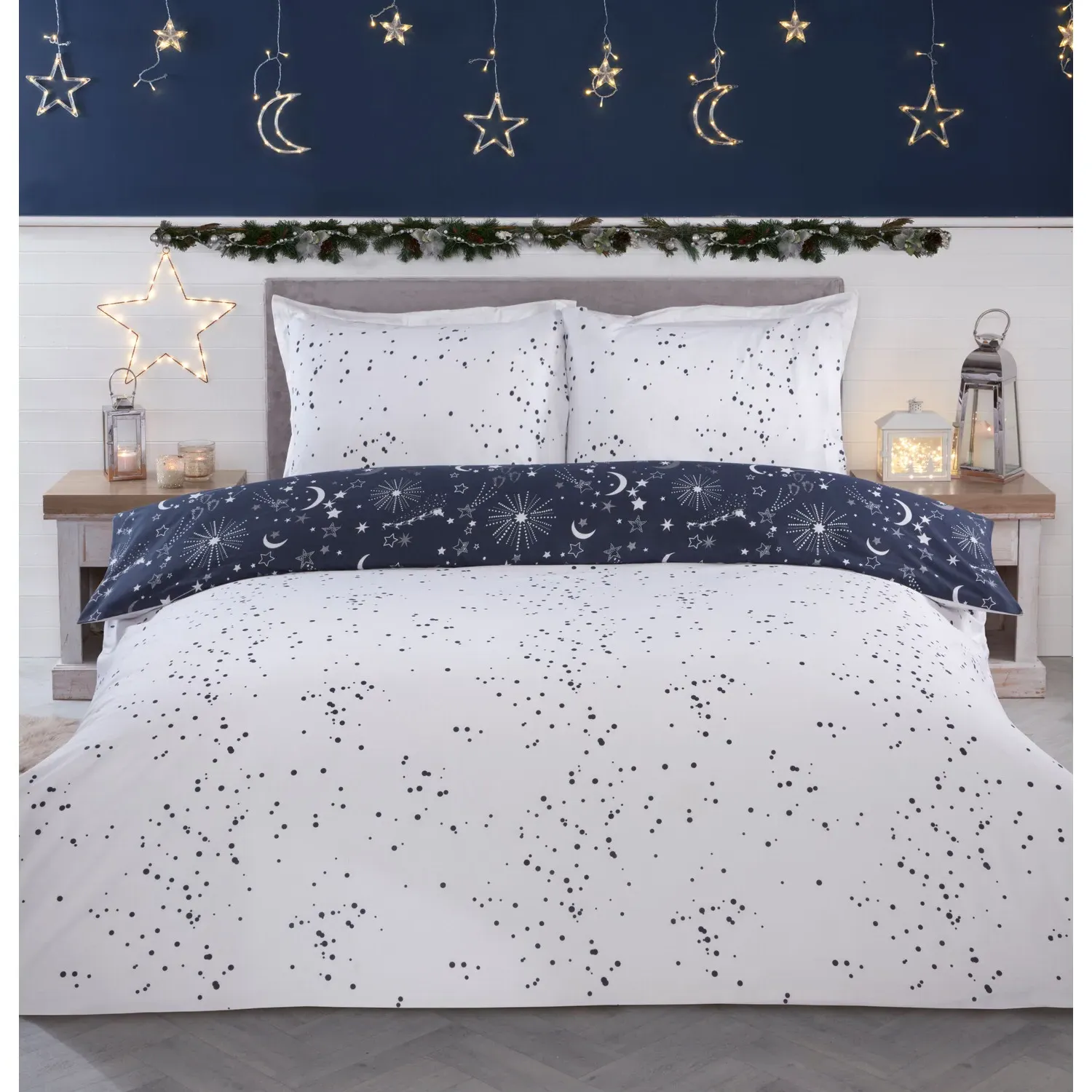 Christmas Night Sky Double Duvet Cover Set - Navy