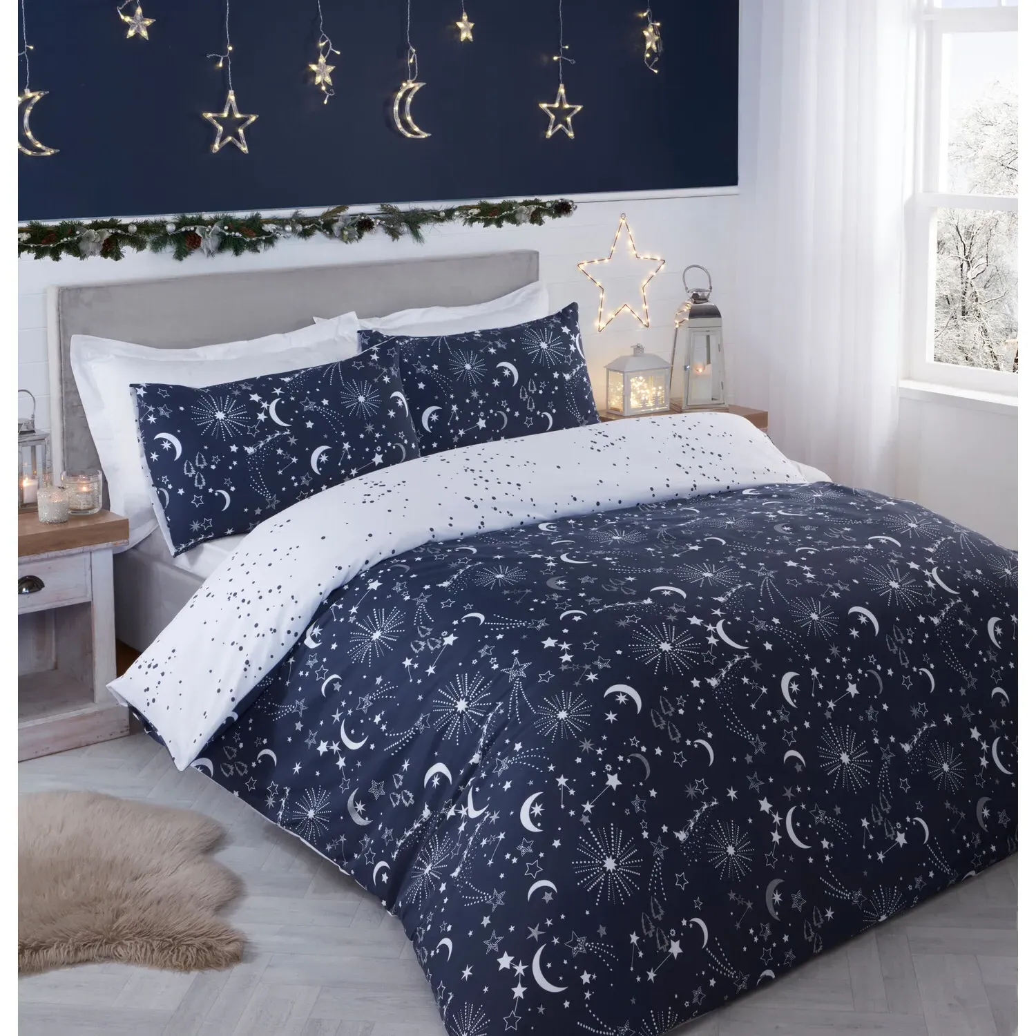 Christmas Night Sky Double Duvet Cover Set - Navy