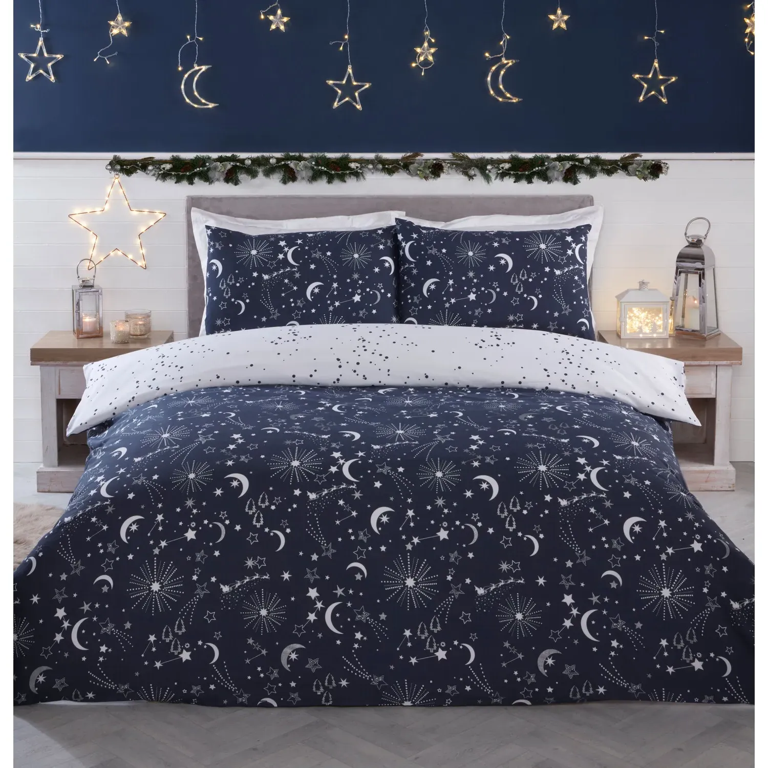 Christmas Night Sky Single Duvet Cover Set - Navy image