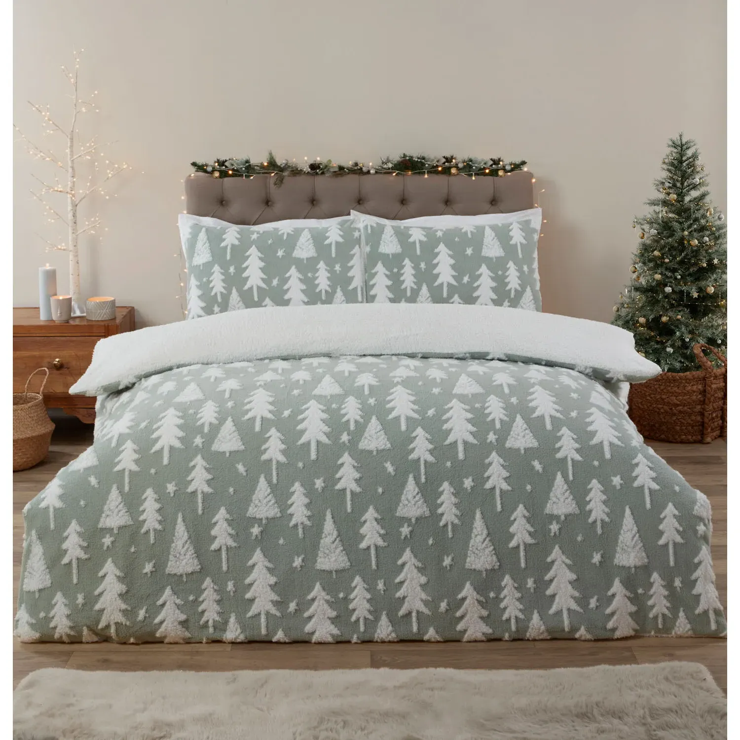 Christmas Tree Double Fleece Duvet Cover Set - Sage