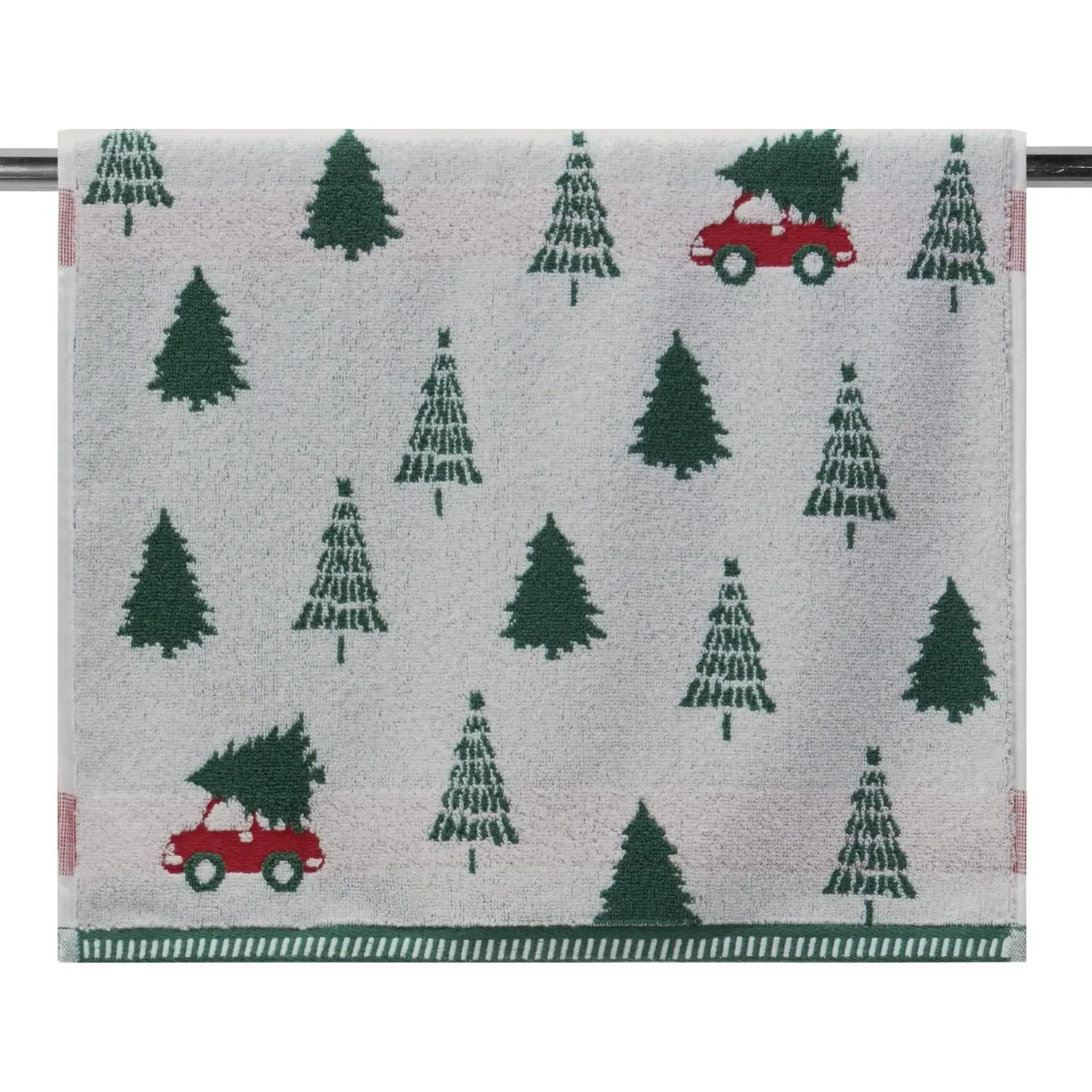 Christmas Tree on Car Hand Towel - Green and White, Cotton